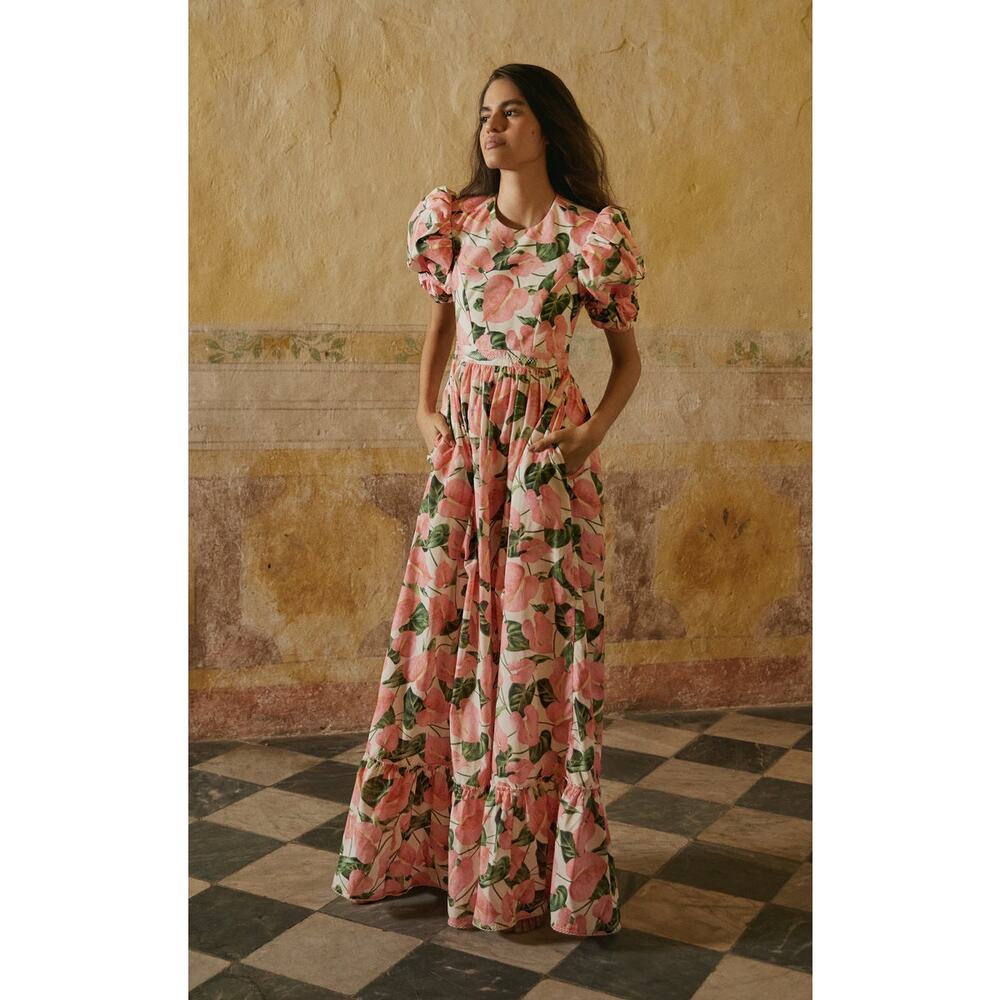 Agua by Agua Bendita Amapola Open Back Cotton Poplin Maxi Dress Pink Floral sz S